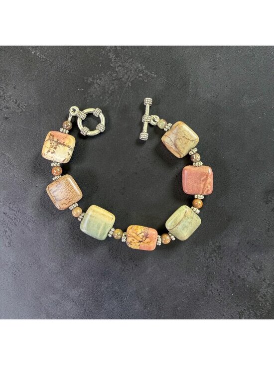 Hand Crafted Jewelry - Vintage Jasper Stone Bracelet Earthy Square Beads W/ Toggle Clasp Handmade 7.5”
